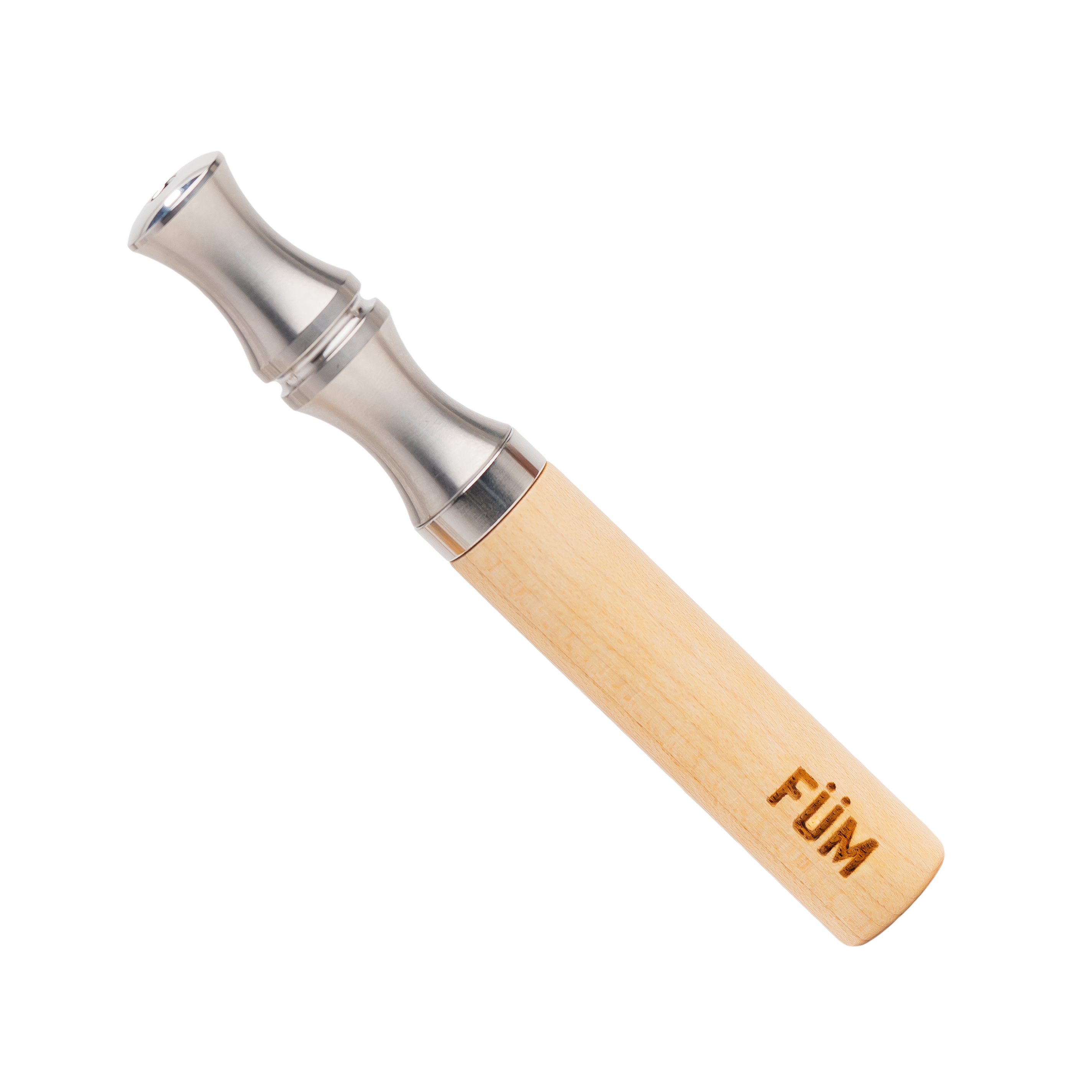 A flavored air device with a maple barrel and stainless steel mouthpiece, branded with the name 'FÜM'.
